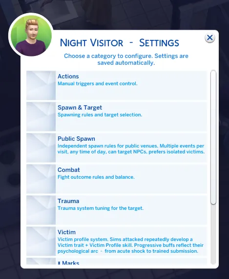 The menu as it opens. Every category is a group of settings.